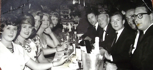 Some members of the Great Train Robbery pictured with friends in 1951. Bruce Reynolds can be seen on the far right