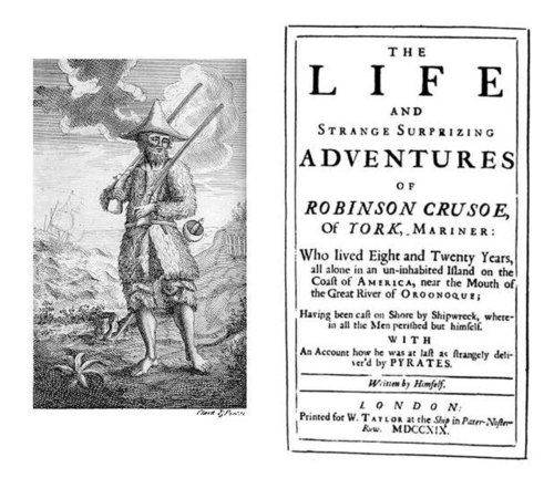 Frontispiece of 1st edition of Robinson Cruose by Daniel Defoe from 1719.