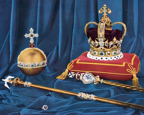 St Edward's Crown, and the sovereign's orb, sceptres and ring.