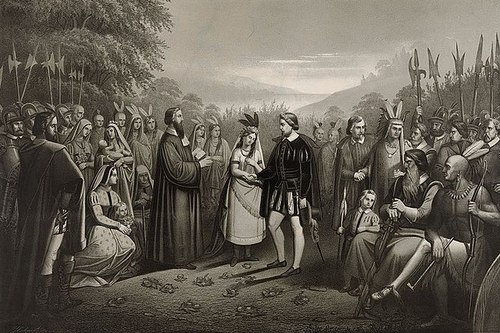 The marriage of Pocohontas to John Rolfe, lithograph by Anton Hohenstein.