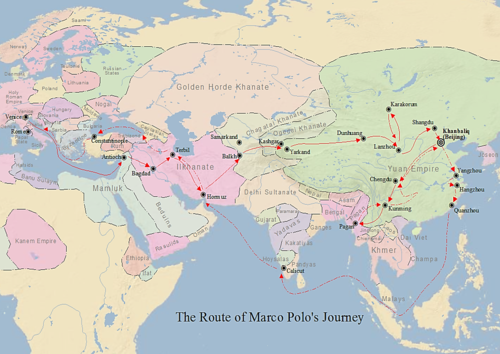 The route of Marco Polo's journey to the east. 