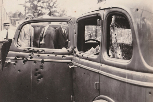Bonnie and Clyde’s car (1932 Ford V-8) riddled with bullet holes after the ambush.