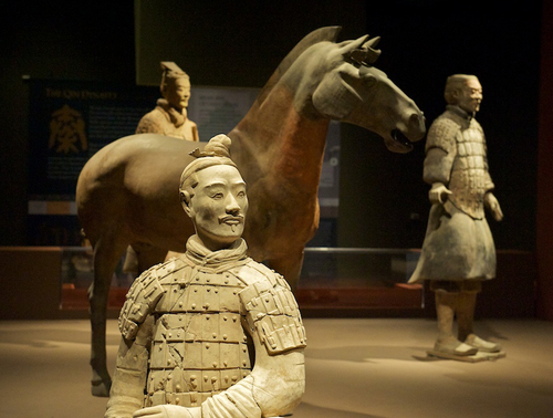 A group of Terracotta warriors displayed at Bowers Museum in Santa Ana, California.