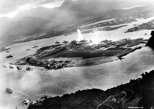 Photo taken from a Japanese plane of the torpedo attack. 