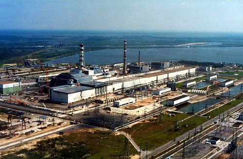 Aerial view of the Chernobyl nuclear power plant with the sarcophagus.