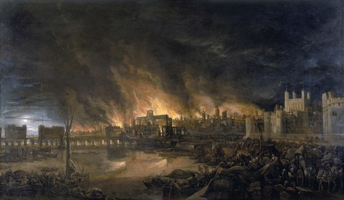 The Great Fire of London, painting by Josepha Jane Battlehooke, 1675