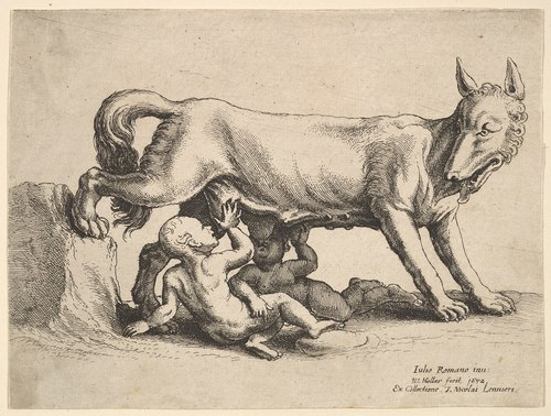 Romulus and Remus suckling milk from a wolf, etched by Wenceslaus Hollar, 1607–1677