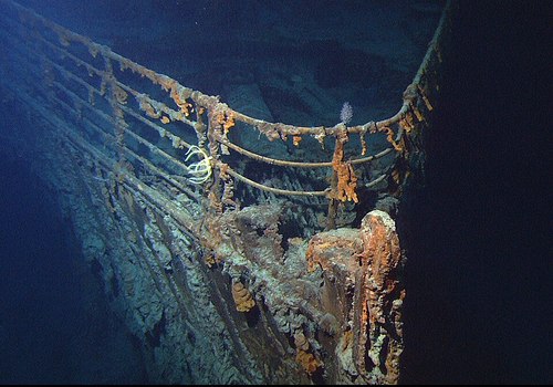 The bow of the RMS Titanic as it sits under the water in 2004.